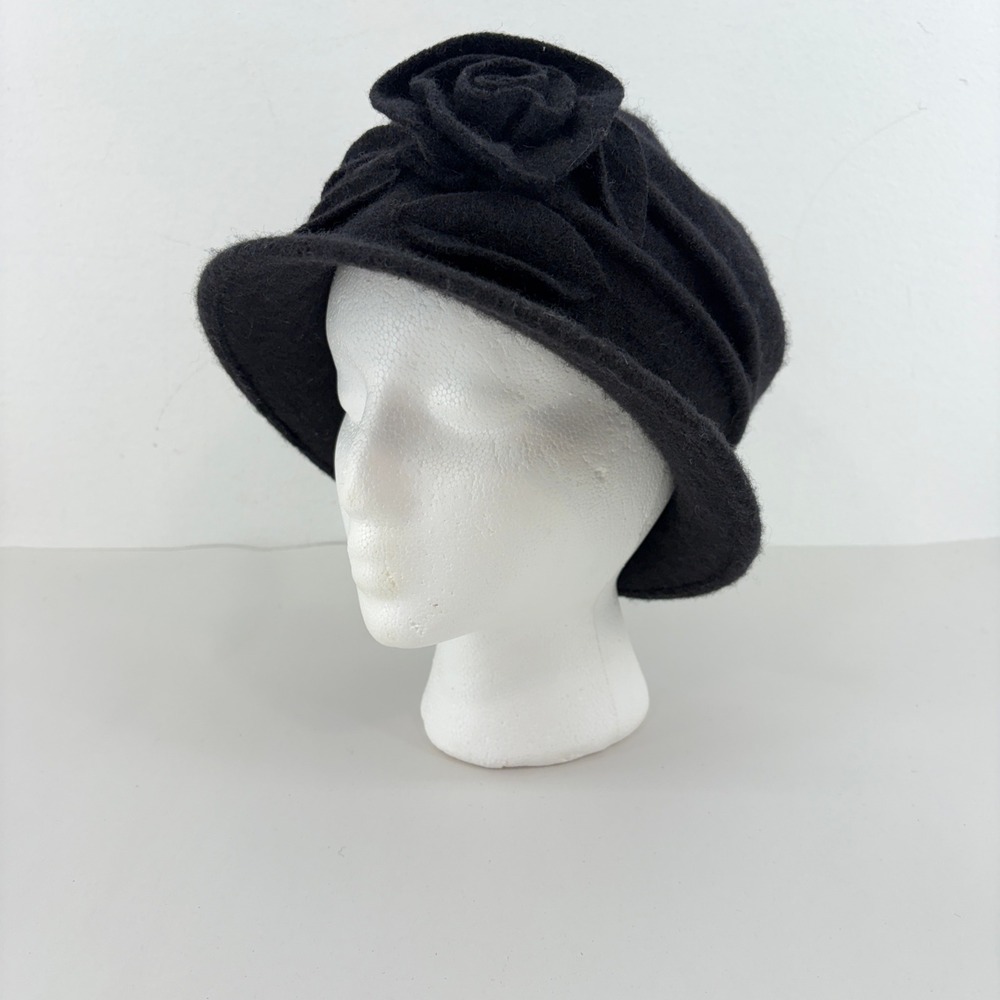 Wool Cloche Hat Rosette Floral Detail Vintage Look Winter Cap Black Cottage Cozy